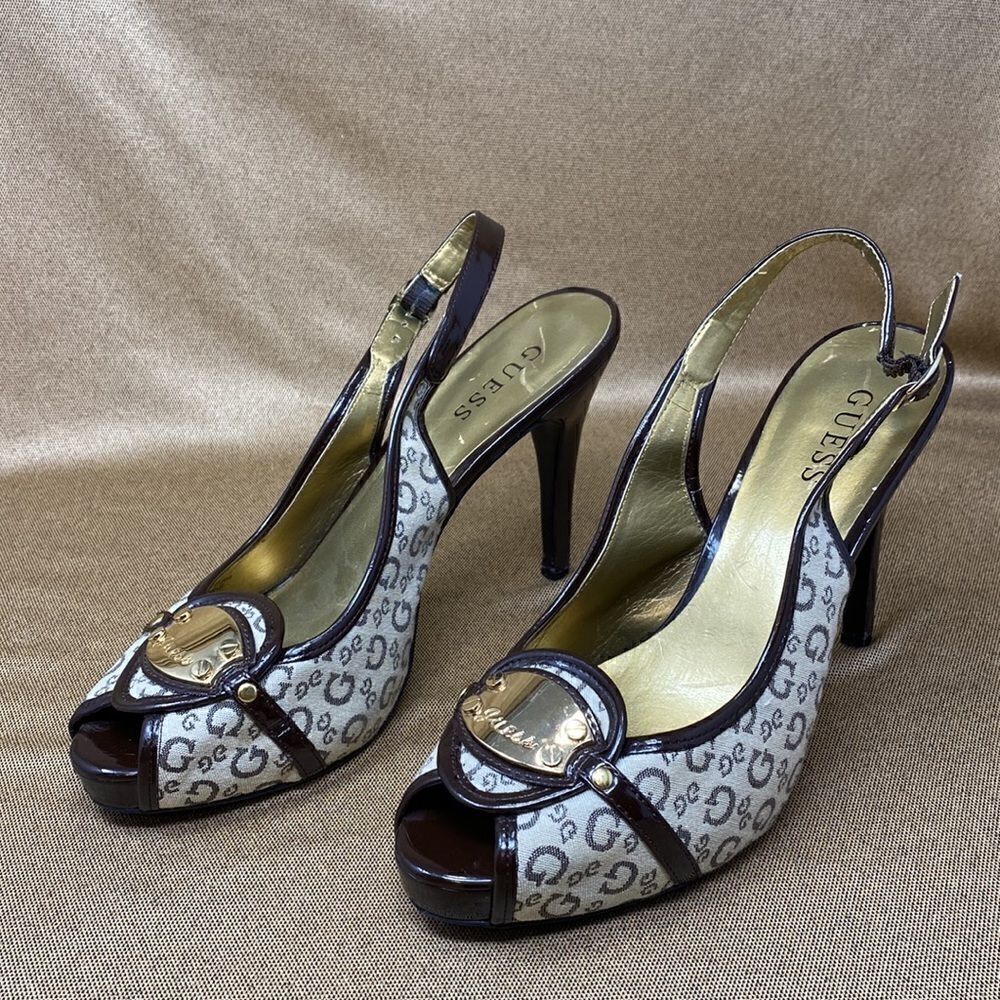 Guess Monogram Peep Toe Platform Slingback Heels - Picture 3 of 13